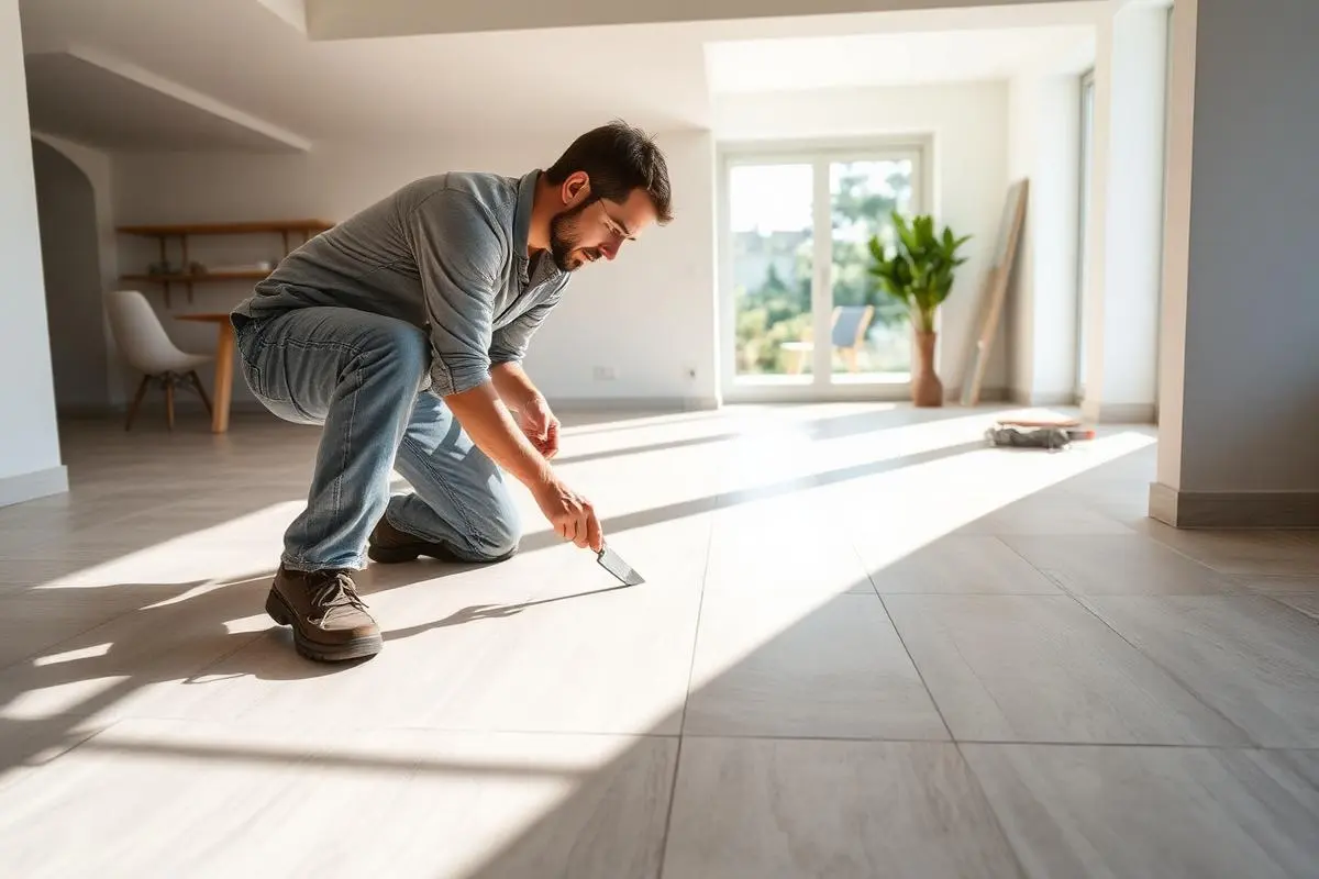 Posatore al lavoro su un pavimento in gres di un appartamento ristrutturato