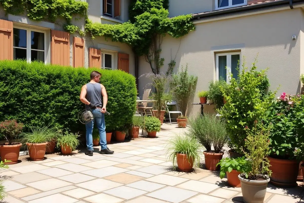 Giardiniere che cura le siepi di una terrazza pavimentata
