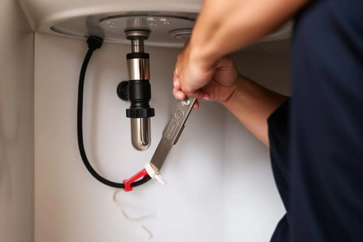 Tecnico che ripara lo scarico di un lavabo con una chiave inglese