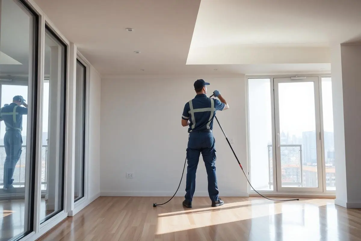 Operatore che esegue una pulizia post-cantiere in un appartamento vuoto